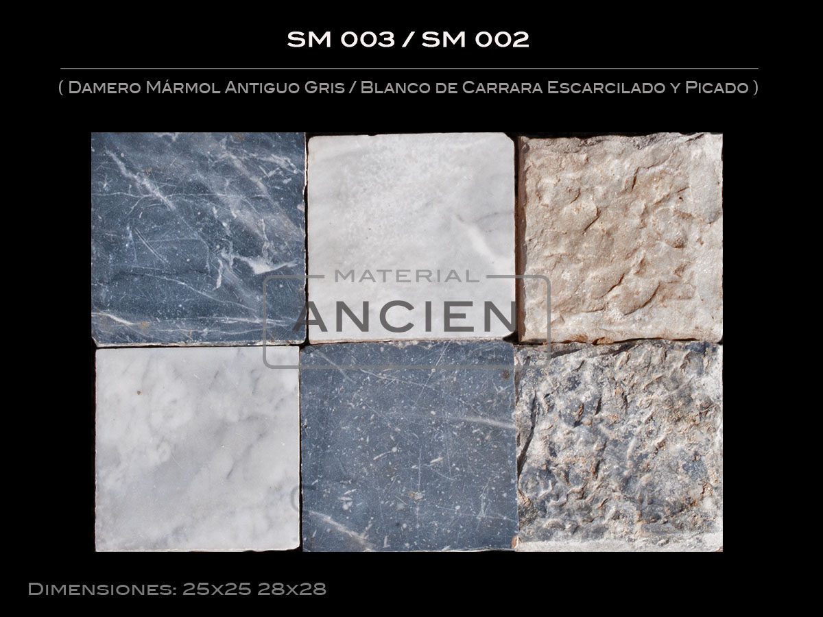 Damero Mármol Antiguo Gris-Blanco de Carrara Escarcilado y Picado SM 003-SM 002