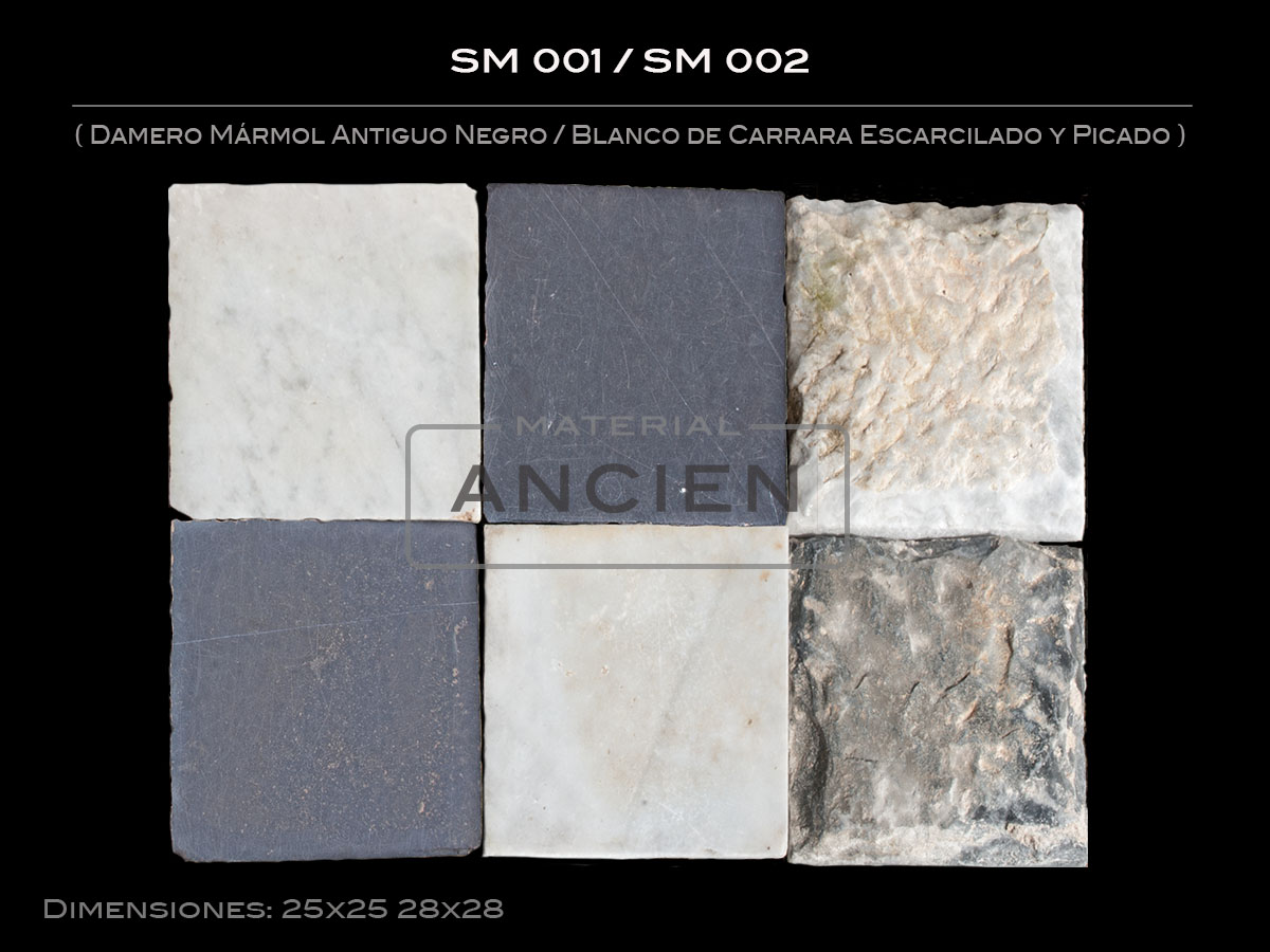 Damero Mármol Antiguo Negro-Blanco de Carrara Escarcilado y Picado SM 001-SM 002